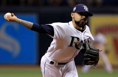 ST PETERSBURG, FL – JULY 10: Sergio Romo #54 of the Tampa Bay Rays pitches during a game against the Detroit Tigers at Tropicana Field on July 10, 2018, in St Petersburg, Florida. (Photo by Mike Ehrmann/Getty Images)