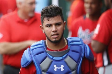 WASHINGTON, DC - JULY 15: Keibert Ruiz #7 of the Los Angeles Dodgers and the World Team walks through the dugout as he leaves the game injured in the seventh inning against the U.S. Team during the SiriusXM All-Star Futures Game at Nationals Park on July 15, 2018 in Washington, DC. (Photo by Rob Carr/Getty Images)