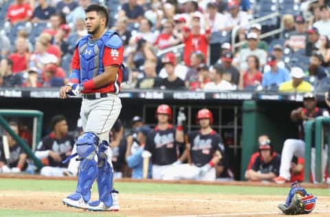 WASHINGTON, DC – JULY 15: Keibert Ruiz #7 of the Los Angeles Dodgers and the World Team leaves the game injured in the seventh inning against the U.S. Team during the SiriusXM All-Star Futures Game at Nationals Park on July 15, 2018 in Washington, DC. (Photo by Rob Carr/Getty Images)