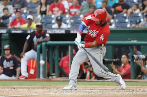 WASHINGTON, DC – JULY 15: Keibert Ruiz #7 of the Los Angeles Dodgers and the World Team bats against the U.S. Team during the SiriusXM All-Star Futures Game at Nationals Park on July 15, 2018, in Washington, DC. (Photo by Rob Carr/Getty Images)