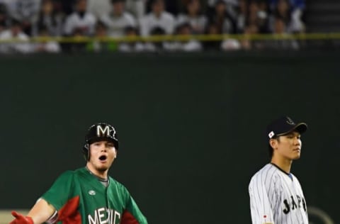 TOKYO, JAPAN – NOVEMBER 10: Outfielder Alex Verdugo (L) #27 of Mexico celebrates after hitting a RBI double in the fourth inning during the international friendly match between Japan and Mexico at the Tokyo Dome on November 10, 2016, in Tokyo, Japan. (Photo by Masterpress/Getty Images)