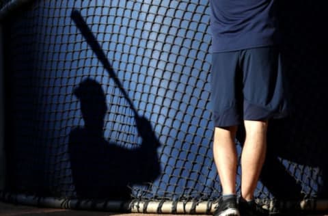 LOS ANGELES, CA – AUGUST 11: A shadow of a San Diego Padres player practicing his swing is seen on the back of the batting cage prior to the MLB game between the San Diego Padres and the Los Angeles Dodgers at Dodger Stadium on August 11, 2017 in Los Angeles, California. (Photo by Victor Decolongon/Getty Images)