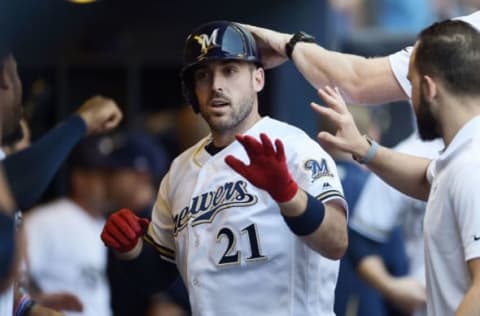 MILWAUKEE, WI – AUGUST 16: Travis Shaw #21 of the Milwaukee Brewers is congratulated by teammates following a solo home run during the sixth inning of a game against the Pittsburgh Pirates at Miller Park on August 16, 2017, in Milwaukee, Wisconsin. (Photo by Stacy Revere/Getty Images)