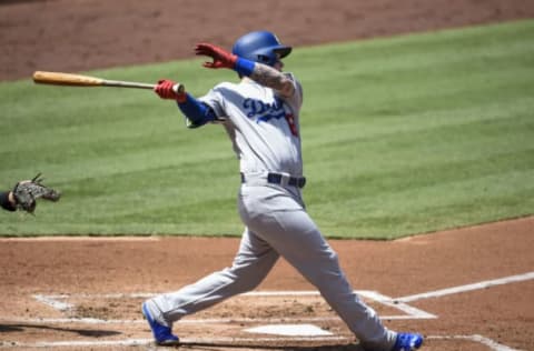 SAN DIEGO, CA – SEPTEMBER 2: Alex Verdugo #61 of the Los Angeles Dodgers hits a single during the second inning in game one of a doubleheader against the San Diego Padres at PETCO Park on September 2, 2017, in San Diego, California. (Photo by Denis Poroy/Getty Images)