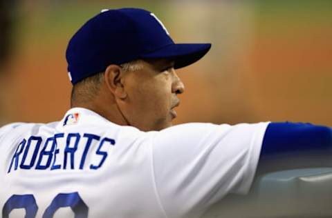 LOS ANGELES, CA – SEPTEMBER 26: Manager Dave Roberts of the Los Angeles Dodgers looks on during a game against the San Diego Padres at Dodger Stadium on September 26, 2017 in Los Angeles, California. (Photo by Sean M. Haffey/Getty Images)