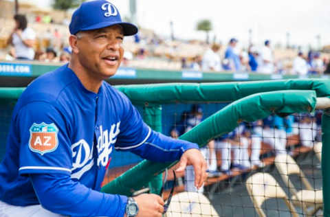 GLENDALE, AZ – MARCH 03: Los Angeles Dodgers manager Dave Roberts looks on during a spring training game against the Chicago White Sox at Camelback Ranch on March 3, 2016, in Glendale, Arizona. (Photo by Rob Tringali/Getty Images)