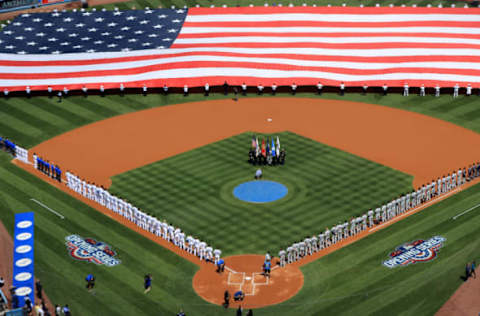 LOS ANGELES, CA – APRIL 03: Prior to Opening Day game the Los Angeles Dodgers and San Diego Padres stand during the national anthem at Dodger Stadium on April 3, 2017, in Los Angeles, California. (Photo by Sean M. Haffey/Getty Images)