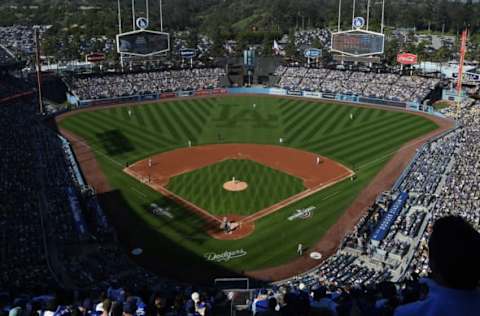 LOS ANGELES, CA – MARCH 29: The Los Angeles Dodgers and San Francisco Giants play on Opening Day at Dodger Stadium on March 29, 2018, in Los Angeles, California. (Photo by Kevork Djansezian/Getty Images)