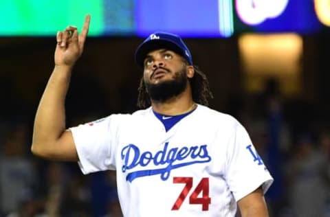 LOS ANGELES, CA – APRIL 21: Kenley Jansen #74 of the Los Angeles Dodgers points to the sky after earning a save in the ninth inning of the game against the Washington Nationals at Dodger Stadium on April 21, 2018, in Los Angeles, California. (Photo by Jayne Kamin-Oncea/Getty Images)