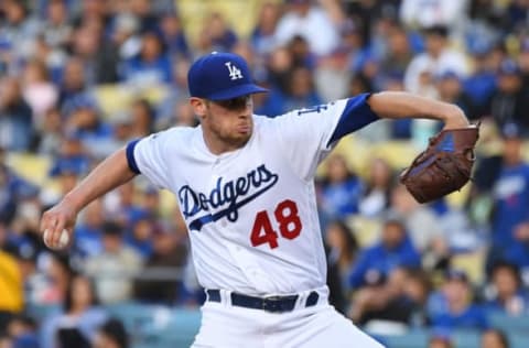 LOS ANGELES, CA – MAY 22: Brock Stewart #48 of the Los Angeles Dodgers pitches in the first inning of the game against the Colorado Rockies at Dodger Stadium on May 22, 2018, in Los Angeles, California. (Photo by Jayne Kamin-Oncea/Getty Images)