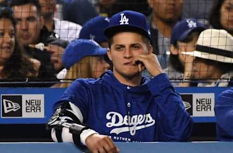 LOS ANGELES, CA – MAY 22: Corey Seager #5 of the Los Angeles Dodgers watches the game against the Colorado Rockies at Dodger Stadium on May 22, 2018, in Los Angeles, California. (Photo by Jayne Kamin-Oncea/Getty Images)