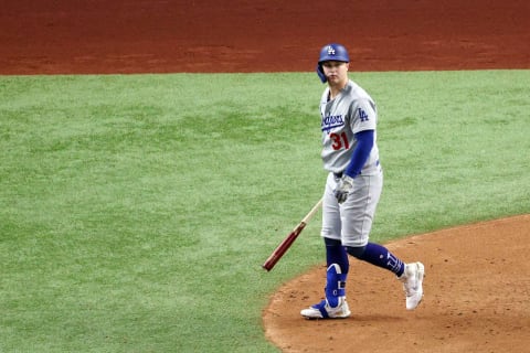 ARLINGTON, TEXAS – OCTOBER 25: Joc Pederson #31 of the Los Angeles Dodgers watches his solo home run leave the park against the Tampa Bay Rays during the second inning in Game Five of the 2020 MLB World Series at Globe Life Field on October 25, 2020 in Arlington, Texas. (Photo by Sean M. Haffey/Getty Images)