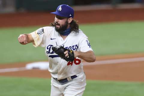 ARLINGTON, TEXAS – OCTOBER 27: Tony Gonsolin #46 of the Los Angeles Dodgers reacts after retiring the side against the Tampa Bay Rays during the first inning in Game Six of the 2020 MLB World Series at Globe Life Field on October 27, 2020 in Arlington, Texas. (Photo by Tom Pennington/Getty Images)