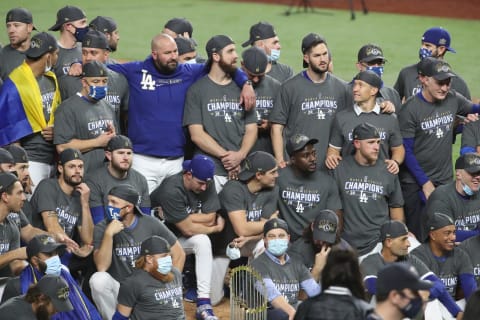 ARLINGTON, TEXAS – OCTOBER 27: The Los Angeles Dodgers pose for a photo after defeating the Tampa Bay Rays 3-1 in Game Six to win the 2020 MLB World Series at Globe Life Field on October 27, 2020 in Arlington, Texas. (Photo by Sean M. Haffey/Getty Images)