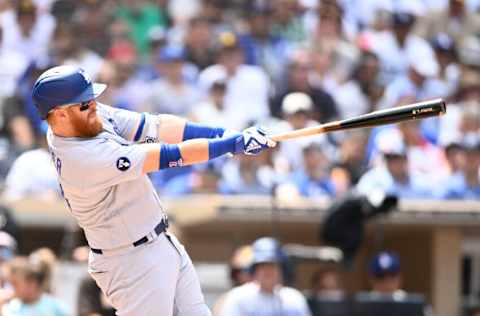 SAN DIEGO, CA - SEPTEMBER 11: Justin Turner #10 of the Los Angeles Dodgers plays during a baseball game against the San Diego Padres September 11, 2022 at Petco Park in San Diego, California. (Photo by Denis Poroy/Getty Images)