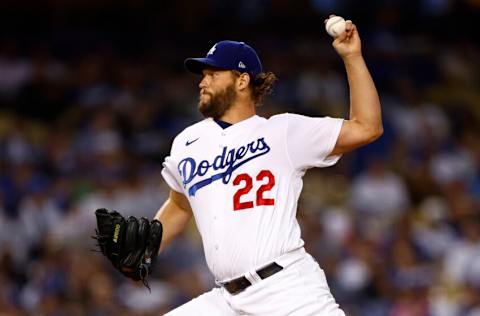 LOS ANGELES, CALIFORNIA - OCTOBER 12: Clayton Kershaw #22 of the Los Angeles Dodgers pitches in the third inning in game two of the National League Division Series against the San Diego Padres at Dodger Stadium on October 12, 2022 in Los Angeles, California. (Photo by Ronald Martinez/Getty Images)