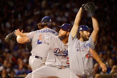 CHICAGO, IL – OCTOBER 19: (EDITOR’S NOTE: Multiple exposures were combined in-camera to produce this image.) Clayton Kershaw #22 of the Los Angeles Dodgers pitches in the second inning against the Chicago Cubs during game five of the National League Championship Series at Wrigley Field on October 19, 2017 in Chicago, Illinois. (Photo by Jamie Squire/Getty Images)