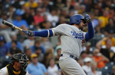 PITTSBURGH, PA - AUGUST 21: Adrian Gonzalez #23 of the Los Angeles Dodgers in action against the Pittsburgh Pirates at PNC Park on August 21, 2017 in Pittsburgh, Pennsylvania. (Photo by Justin K. Aller/Getty Images)