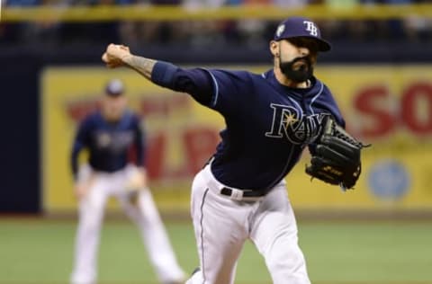 ST PETERSBURG, FL – JUNE 30: Sergio Romo #54 of the Tampa Bay Rays throws a pitch in the ninth inning against the Houston Astros on June 30, 2018, at Tropicana Field in St Petersburg, Florida. (Photo by Julio Aguilar/Getty Images)