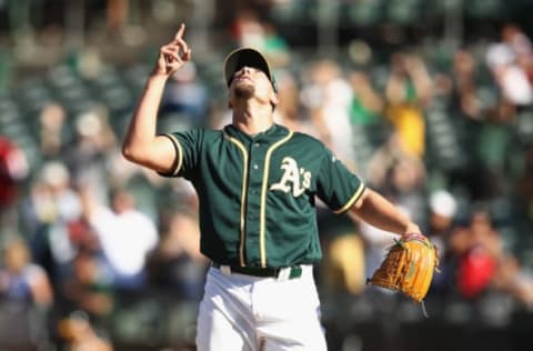 OAKLAND, CA – SEPTEMBER 08: Blake Treinen #39 of the Oakland Athletics reacts after they beat the Texas Rangers at Oakland Alameda Coliseum on September 8, 2018 in Oakland, California. (Photo by Ezra Shaw/Getty Images)