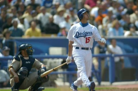 LOS ANGELES – APRIL 5: Shawn Green #15 of the Los Angeles Dodgers watches the flight of his home run in the bottom of the 5th inning during the home opener against the San Diego Padres on April 5, 2004 at Dodger Stadium in Los Angeles, California. (Photo by Lisa Blumenfeld/Getty Images)