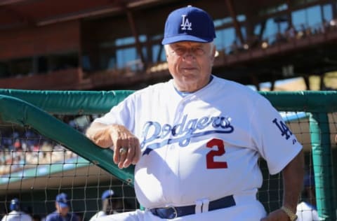 GLENDALE, AZ – MARCH 10: Tommy Lasorda of the Los Angeles Dodgers watches from the dugout during the spring training game against the Oakland Athletics at Camelback Ranch on March 10, 2014, in Glendale, Arizona. (Photo by Christian Petersen/Getty Images)