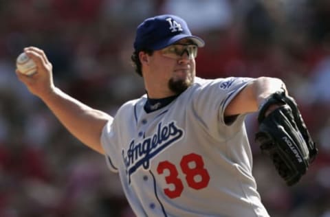 ST. LOUIS – SEPTEMBER 5: Eric Gagne #38 of the Los Angeles Dodgers pitches against the St. Louis Cardinals on September 5, 2004 at Busch Stadium in St. Louis, Missouri. The Cardinals beat the Dodgers 6-5. (Photo by Dilip Vishwanat/Getty Images)