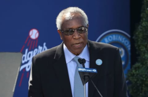 LOS ANGELES, CA – APRIL 15: Former MLB player Frank Robinson speaks onstage during the Los Angeles Dodgers Jackie Robinson statue unveiling at Dodger Stadium on April 15, 2017 in Los Angeles, California. (Photo by Victor Decolongon/Getty Images)