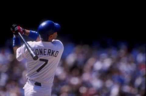 13 Jun 1998: Paul Konerko #7 of the Los Angeles Dodgers in action during a game against the Colorado Rockies at Dodger Stadium in Los Angeles, California. The Rockies defeated the Dodgers 4-2.