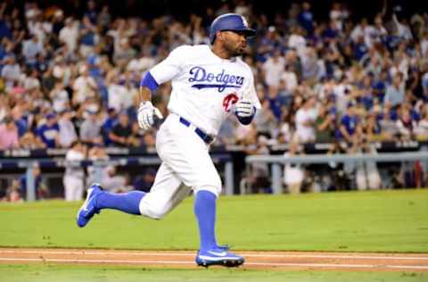 LOS ANGELES, CA – OCTOBER 20: Howie Kendrick #47 of the Los Angeles Dodgers rounds the bases after he hits a double against the Chicago Cubs in game five of the National League Division Series at Dodger Stadium on October 20, 2016 in Los Angeles, California. (Photo by Harry How/Getty Images)