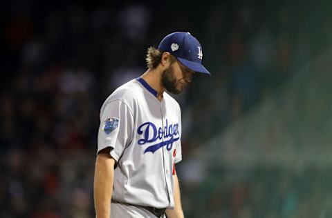 BOSTON, MA - OCTOBER 23: Clayton Kershaw #22 of the Los Angeles Dodgers reacts as he is taken out of the game during the fifth inning against the Boston Red Sox in Game One of the 2018 World Series at Fenway Park on October 23, 2018 in Boston, Massachusetts. (Photo by Elsa/Getty Images)