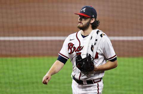 HOUSTON, TEXAS - OCTOBER 07: Ian Anderson #48 of the Atlanta Braves walks on the field prior to Game Two of the National League Division Series against the Miami Marlins at Minute Maid Park on October 07, 2020 in Houston, Texas. (Photo by Elsa/Getty Images)