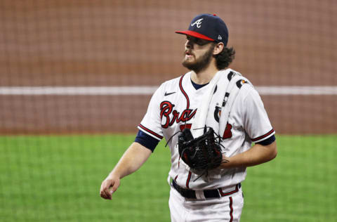 HOUSTON, TEXAS - OCTOBER 07: Ian Anderson #48 of the Atlanta Braves walks on the field prior to Game Two of the National League Division Series against the Miami Marlins at Minute Maid Park on October 07, 2020 in Houston, Texas. (Photo by Elsa/Getty Images)