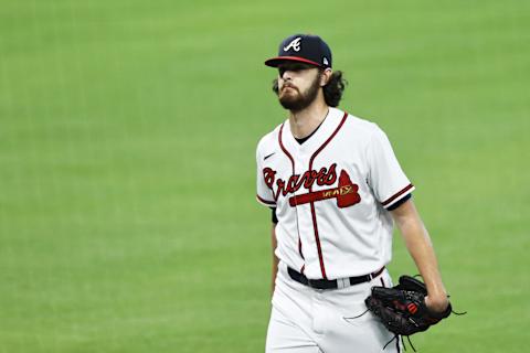 HOUSTON, TEXAS – OCTOBER 07: Ian Anderson #48 of the Atlanta Braves walks back to the dugout after pitching in the first inning against the Miami Marlins in Game Two of the National League Division Series at Minute Maid Park on October 07, 2020 in Houston, Texas. (Photo by Elsa/Getty Images)