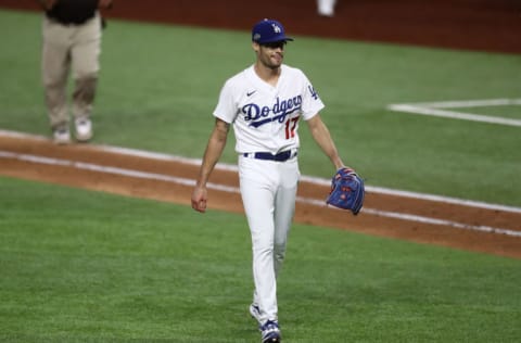 ARLINGTON, TEXAS - OCTOBER 07: Joe Kelly #17 of the Los Angeles Dodgers reacts after defeating the San Diego Padres 6-5 in Game Two of the National League Division Series at Globe Life Field on October 07, 2020 in Arlington, Texas. (Photo by Ronald Martinez/Getty Images)