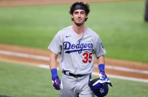 ARLINGTON, TEXAS - OCTOBER 14: Cody Bellinger #35 of the Los Angeles Dodgers reacts against the Atlanta Braves during the fifth inning in Game Three of the National League Championship Series at Globe Life Field on October 14, 2020 in Arlington, Texas. (Photo by Tom Pennington/Getty Images)