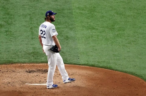 ARLINGTON, TEXAS - OCTOBER 20: Clayton Kershaw #22 of the Los Angeles Dodgers reacts after allowing a solo home run against the Tampa Bay Rays during the fifth inning in Game One of the 2020 MLB World Series at Globe Life Field on October 20, 2020 in Arlington, Texas. (Photo by Sean M. Haffey/Getty Images)