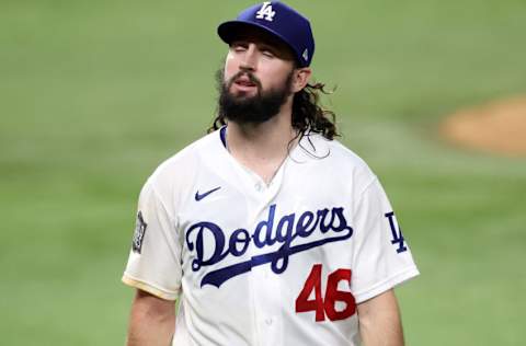 ARLINGTON, TEXAS - OCTOBER 21: Tony Gonsolin #46 of the Los Angeles Dodgers is taken out of the game against the Tampa Bay Rays during the second inning in Game Two of the 2020 MLB World Series at Globe Life Field on October 21, 2020 in Arlington, Texas. (Photo by Tom Pennington/Getty Images)