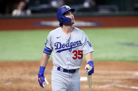 ARLINGTON, TEXAS - OCTOBER 23: Cody Bellinger #35 of the Los Angeles Dodgers reacts after striking out against the Tampa Bay Rays during the fifth inning in Game Three of the 2020 MLB World Series at Globe Life Field on October 23, 2020 in Arlington, Texas. (Photo by Sean M. Haffey/Getty Images)