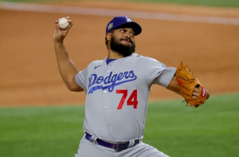 ARLINGTON, TEXAS - OCTOBER 24: Kenley Jansen #74 of the Los Angeles Dodgers delivers the pitch against the Tampa Bay Rays during the ninth inning in Game Four of the 2020 MLB World Series at Globe Life Field on October 24, 2020 in Arlington, Texas. (Photo by Ronald Martinez/Getty Images)