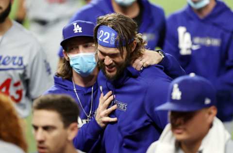 ARLINGTON, TEXAS - OCTOBER 25: Clayton Kershaw #22 of the Los Angeles Dodgers celebrates with his teammates following their 4-2 victory against the Tampa Bay Rays in Game Five of the 2020 MLB World Series at Globe Life Field on October 25, 2020 in Arlington, Texas. (Photo by Tom Pennington/Getty Images)