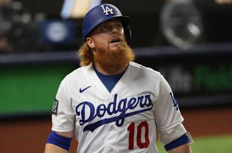 ARLINGTON, TEXAS - OCTOBER 27: Justin Turner #10 of the Los Angeles Dodgers reacts after striking out against the Tampa Bay Rays during the first inning in Game Six of the 2020 MLB World Series at Globe Life Field on October 27, 2020 in Arlington, Texas. (Photo by Rob Carr/Getty Images)