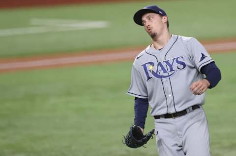 ARLINGTON, TEXAS - OCTOBER 27: Blake Snell #4 of the Tampa Bay Rays reacts during the fifth inning against the Los Angeles Dodgers in Game Six of the 2020 MLB World Series at Globe Life Field on October 27, 2020 in Arlington, Texas. (Photo by Tom Pennington/Getty Images)