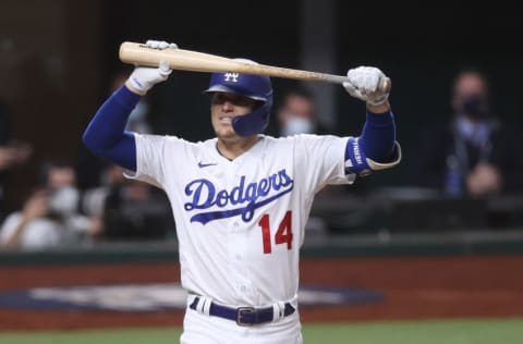 ARLINGTON, TEXAS - OCTOBER 27: Enrique Hernandez #14 of the Los Angeles Dodgers reacts after striking out against the Tampa Bay Rays during the eighth inning in Game Six of the 2020 MLB World Series at Globe Life Field on October 27, 2020 in Arlington, Texas. (Photo by Tom Pennington/Getty Images)