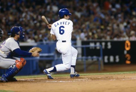 LOS ANGELES, CA – CIRCA 1978: First Baseman Steve Garvey #6 of the Los Angeles Dodgers bats against the New York Mets during an Major League Baseball game circa 1978 at Dodger Stadium in Los Angeles, California. Garvey played for the Dodgers from 1969-82. (Photo by Focus on Sport/Getty Images)