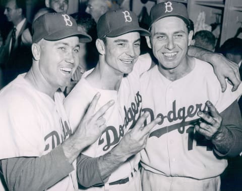 UNSPECIFIED – 1956:World Series game 2 heros, Brooklyn Dodgers Duke SnIder, Don Bessent and Gil Hodges. (Photo by William Greene/Sports Studio Photos/Getty Images)