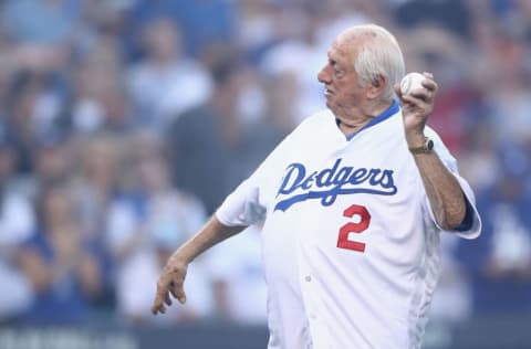 LOS ANGELES, CA - OCTOBER 26: Former Los Angeles Dodgers player and manager Tommy Lasorda throws the ceremonial first pitch prior to Game Three of the 2018 World Series between the Los Angeles Dodgers and the Boston Red Sox at Dodger Stadium on October 26, 2018 in Los Angeles, California. (Photo by Ezra Shaw/Getty Images)