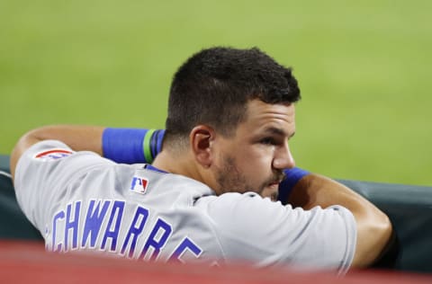 CINCINNATI, OH - JULY 27: Kyle Schwarber #12 of the Chicago Cubs looks on during the game against the Cincinnati Reds at Great American Ball Park on July 27, 2020 in Cincinnati, Ohio. The Cubs defeated the Reds 8-7. (Photo by Joe Robbins/Getty Images)