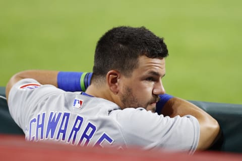 CINCINNATI, OH – JULY 27: Kyle Schwarber #12 of the Chicago Cubs looks on during the game against the Cincinnati Reds at Great American Ball Park on July 27, 2020 in Cincinnati, Ohio. The Cubs defeated the Reds 8-7. (Photo by Joe Robbins/Getty Images)