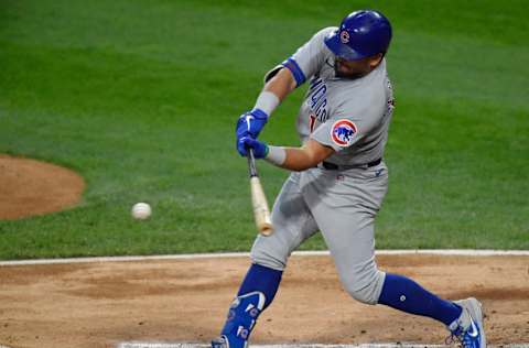 CHICAGO, ILLINOIS - SEPTEMBER 26: Kyle Schwarber #12 of the Chicago Cubs bats against the Chicago White Sox at Guaranteed Rate Field on September 26, 2020 in Chicago, Illinois. (Photo by Quinn Harris/Getty Images)